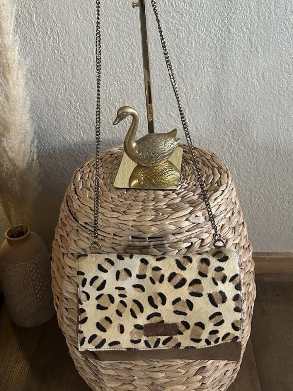 Jane Marie Leopard Cheetah Print Crossbody Bag Suede Clutch Long Chain Strap